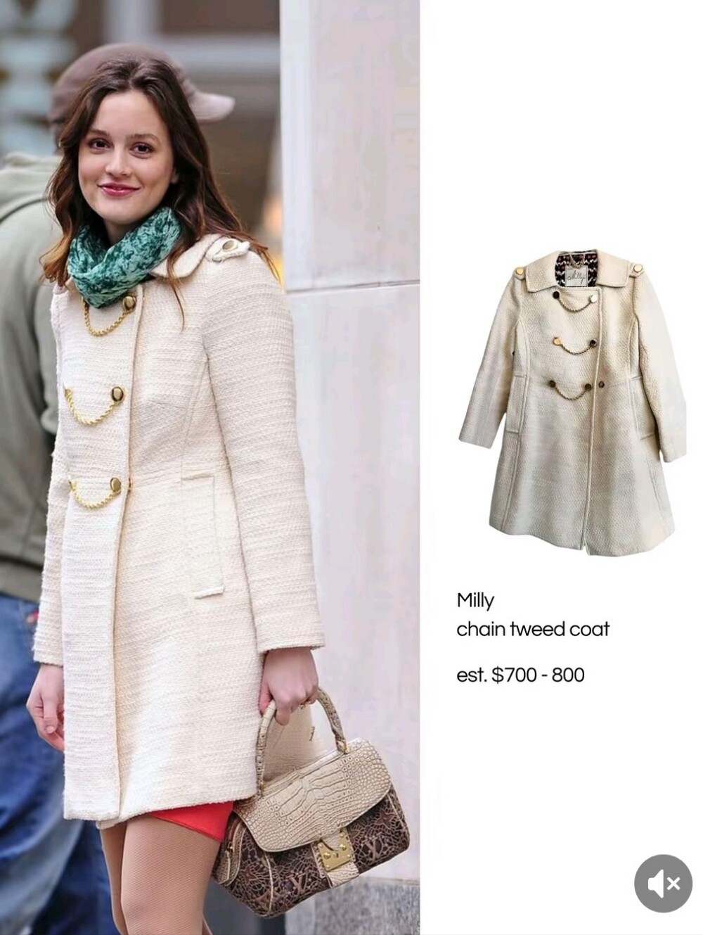 ASO Blair Waldorf Milly Cream Tweed Coat with Gold Chain Accents